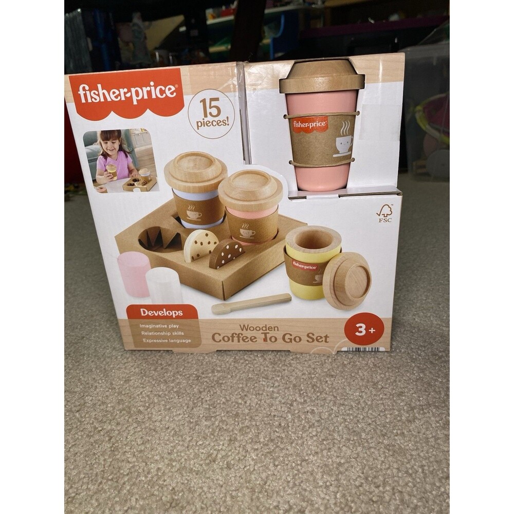 Fisher-Price Wood Coffee to Go Set 15 Pc Preschool Cafe Toy New